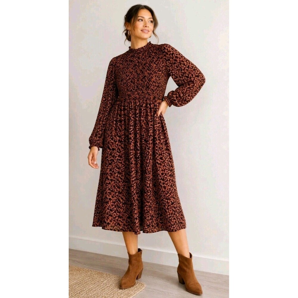 New Day Smocked Midi Dress Womens XL Brown Floral Long Sleeve Boho NWT - Picture 14 of 14
